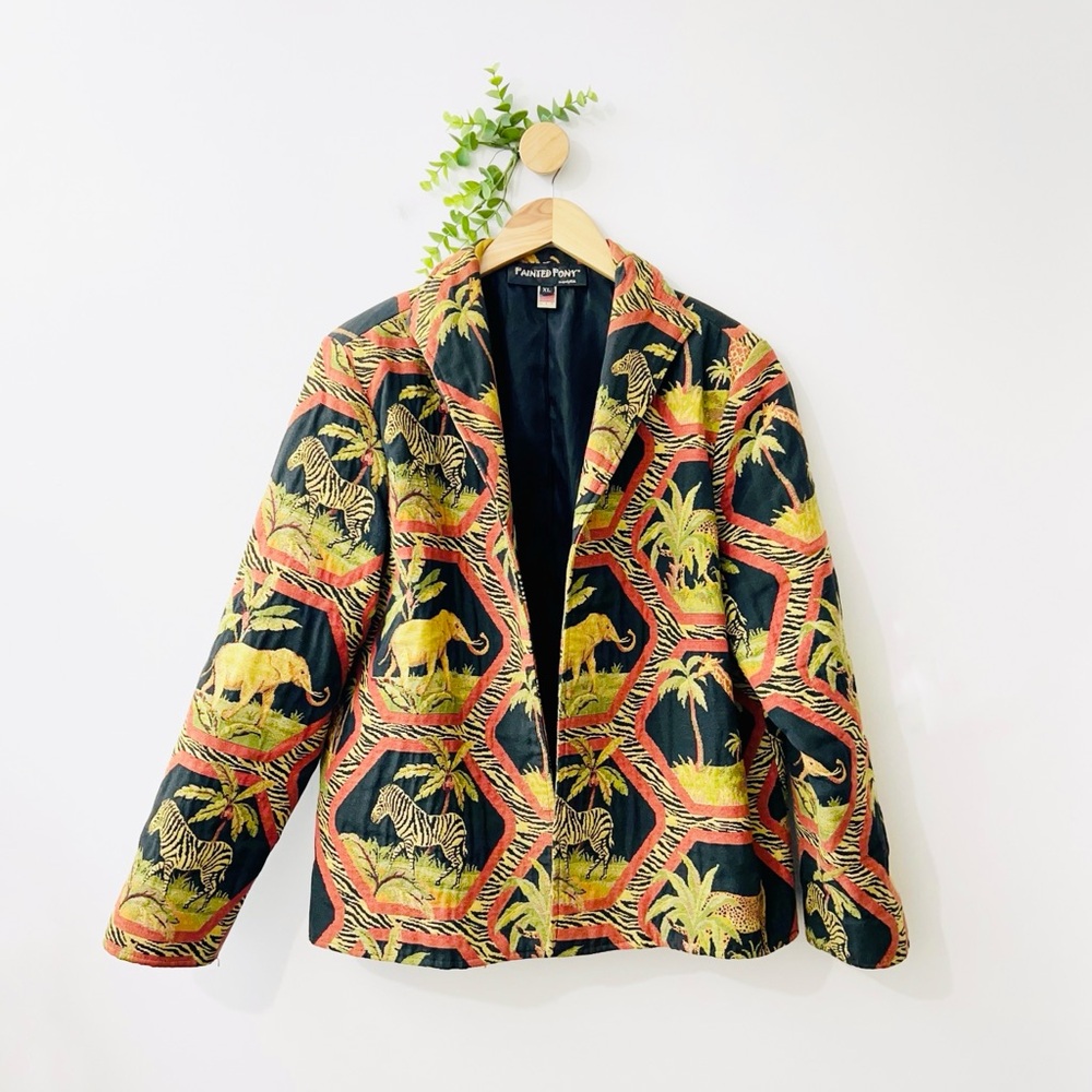 Painted Pony Open Front Safari Animals Print Statement Tapestry Jacket